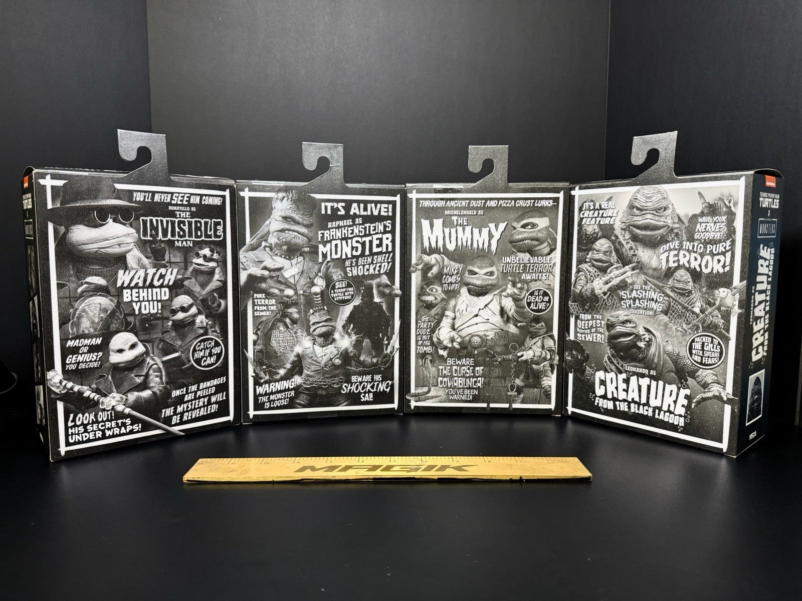Neca Teenage Mutant Ninja Turtles X Universal Monsters Set of 4 BLACK WHITE NIB